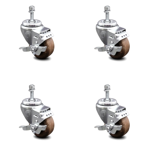Service Caster 3 Inch High Temp Glass Filled Nylon 10mm Threaded Stem Caster Set with Brake SCC-TS20S314-GFNSHT-TLB-M1015-4 - main